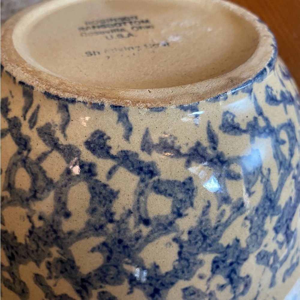 Vintage Robinson Ransbottom Pottery Roseville, OH Mixing Bowl Blue Spongeware - Picture 8 of 12